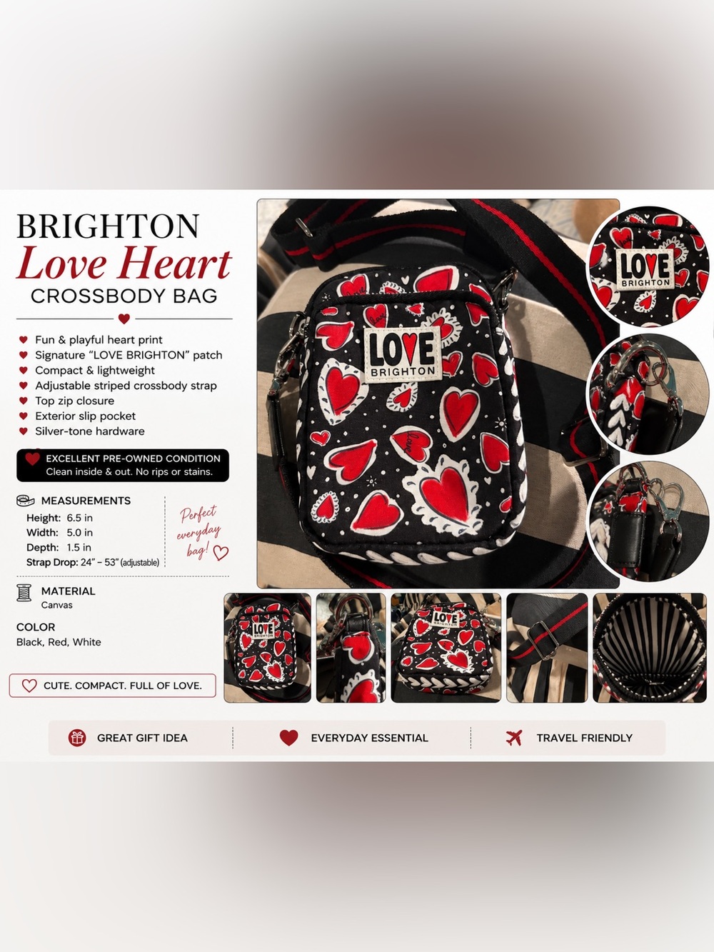 Brighton Love Heart Crossbody Bag Black Red Mini Travel Phone Bag
